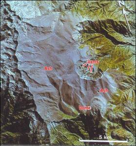 To the west, a roughly rectangular plateau of ash has buried the local pre-eruption topography over an area of about 50 km2. May 1985 TM image of Huaynaputina (16º35'S, 70º52'W)