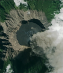 On July 11, 2015, the Operational Land Imager (OLI) on Landsat 8 got a closer view (about 25 meters per pixel) of Raung’s summit caldera. It appears to be covered with fresh lava.
