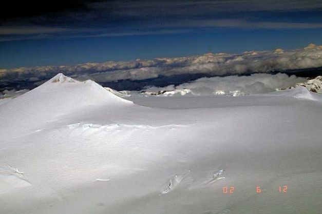 Mount Churchill ice-filled caldera. Churchill is on the left. Photo courtesy AVO / USGS