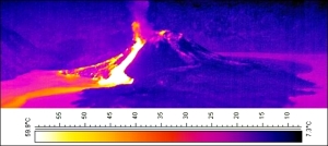  A 10 June 2009 FLIR thermal camera image of Rinjani's Barujari cone and Segara Anak lake. A thermal plume of hot lake water was drifting from the lava entry points. Temperature scale is for lake waters. Photo by R. Campion.