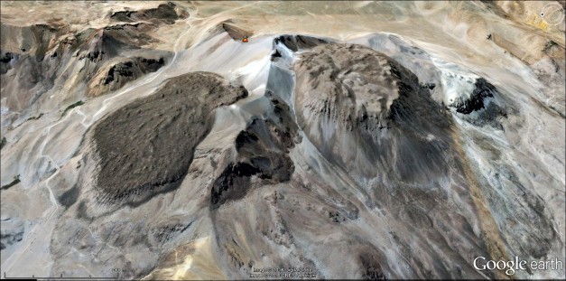 Ticsani on Google Earth, an oblique view to the east, showing all three domes from right to left D1, D2 and D3.
