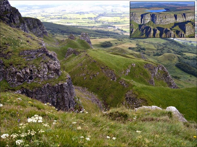 Huge rotational landslips are evident on the western escarpment of Benevenagh, where blocks of basalt and chalk have migrated downslope. The inset shows all of the Benevenagh cliffs as panorama from the air. (© Petra Watzka)