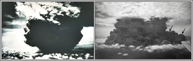 This dramatic photograph of the catastrophic eruption of January 21, 1951 was taken by the pilot of a commercial aircraft flying from Port Moresby to Rabaul. From about 40 km NW, the pilot observed this powerful eruption column, which rose to a height of about 13 km within two minutes. Shortly afterwards, the cloud expanded horizontally away from the volcano, as devastating pyroclastic flows and surges swept radially up to 12 km from the crater. (Photos by Capt. Jacobson, 1951, published in Taylor, 1958).