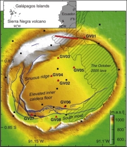 Map of Sierra Negra caldera showing the intra-caldera fault system. The approximate location of the initial eruptive fissure (red line) and the lava coverage of the October 2005 eruption are shown as well (Jónsson et al., 2005; Geist et al., 2007).