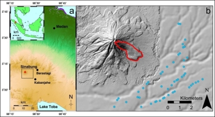 Photogrammetric studies on a Sinabung lava flow: The extent of the active lava flow on 22/09/2014 (red outline) and camera locations (blue dots). (Brett B. Carr et al., 2018)