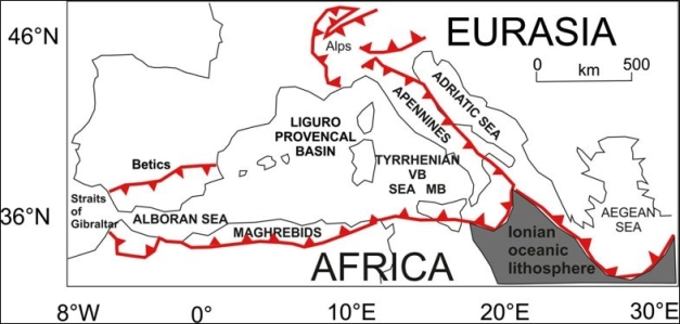 Structural sketch map of the Mediterranean area. Red lines mark thrust fronts. VB: Vavilov Basin. MB: Marsili Basin. (from: Aiello et al., 2014)