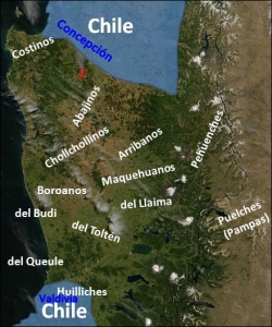 Mapuche groups in Araucanía around 1850. De facto Chilean territory in blue.