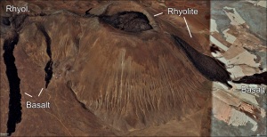 Bimodal eruptions produced both basalt and rhyolite in Kantaşı hill. There is a comenditic lava lake in the crater from which lava poured and flowed north. In some places the rhyolite covered earlier basalr flows on the flanks. Comendite is a type of hard, blue-grey rhyolite. (GEarth image)