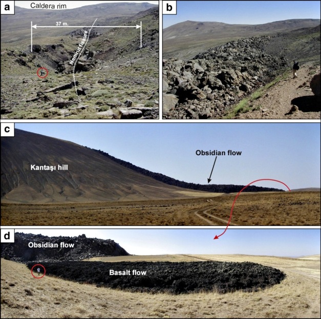 Effusive bimodal activity around Nemrut rift zone. a) Northern section of the rift zone with a large crack and domal obsidian knob in the middle, b) rift crack filled with comenditic obsidians, c) rhyolite flow throughout north flank of Kantaşı hill and d) underlying basalt flow at the northern front of this rhyolite flow. Note people for scale. (Ulusoy et al., 2012)