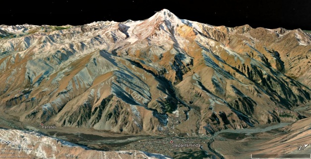 GEarth 3D view of the Kazbek volcanic center from the east.